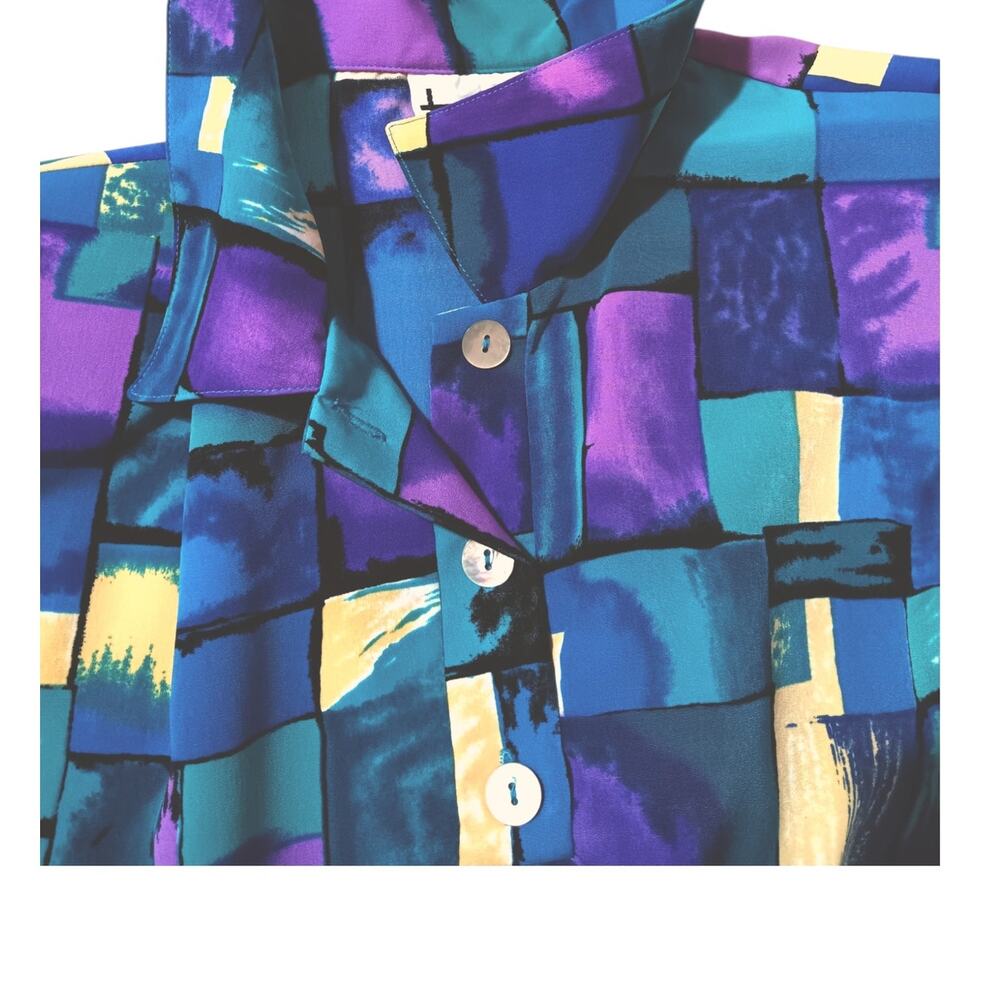 VINTAGE TEDDI 80s 90s Satin Blouse Top Shirt No Wrinkle XL Colorful Geometric - Picture 3 of 7